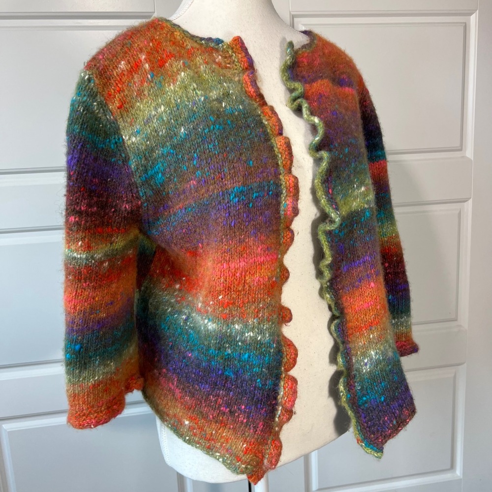 Handmade Knit Cardigan Sweater Womens Small Multicolor Open Front Ruffle - Picture 3 of 8
